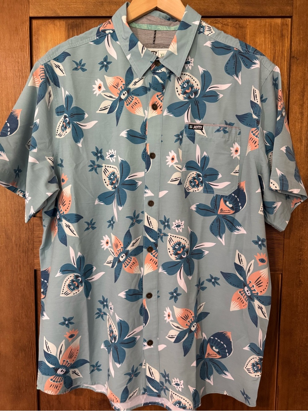 Light Blue Floral Short-Sleeve Button-Down Shirt by Jetty